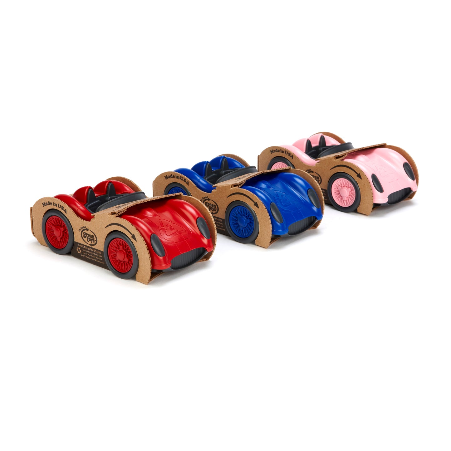 Packaged Red, Blue, and Pink Race Cars