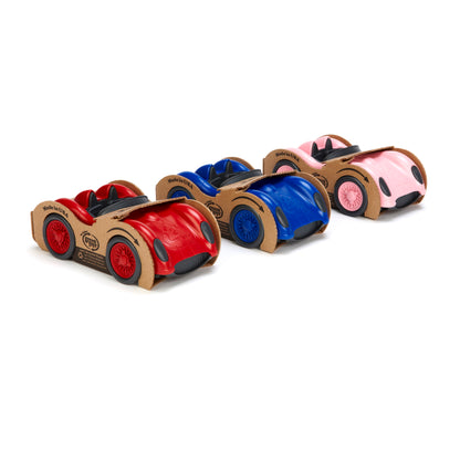 Packaged Red, Blue, and Pink Race Cars