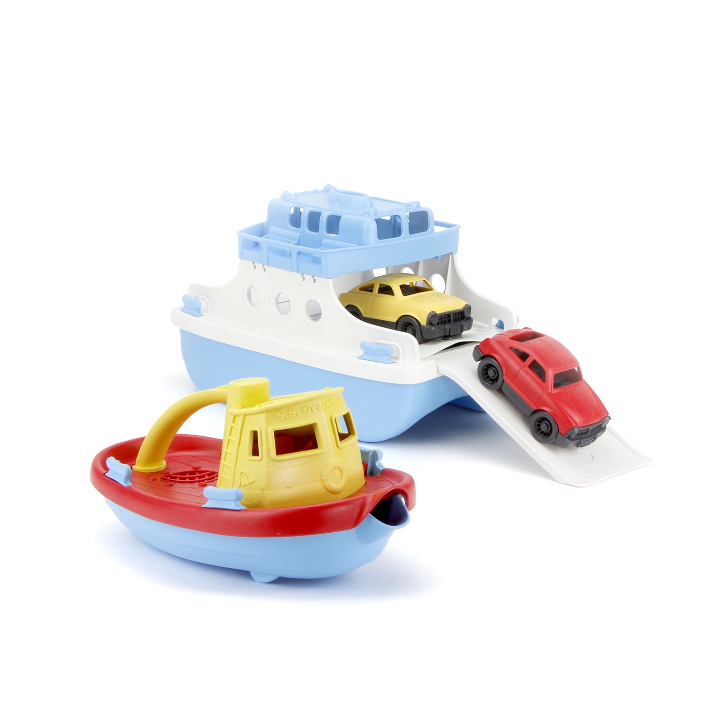 Yellow Tug Boat and Blue & White Ferry boat with mini cars