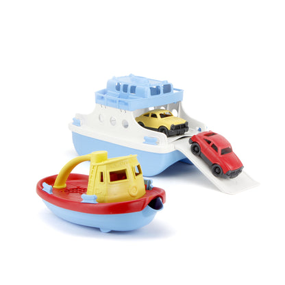 Yellow Tug Boat and Blue & White Ferry boat with mini cars