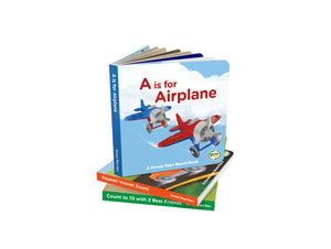 A is for Airplane Board Book on top of stack of other board books